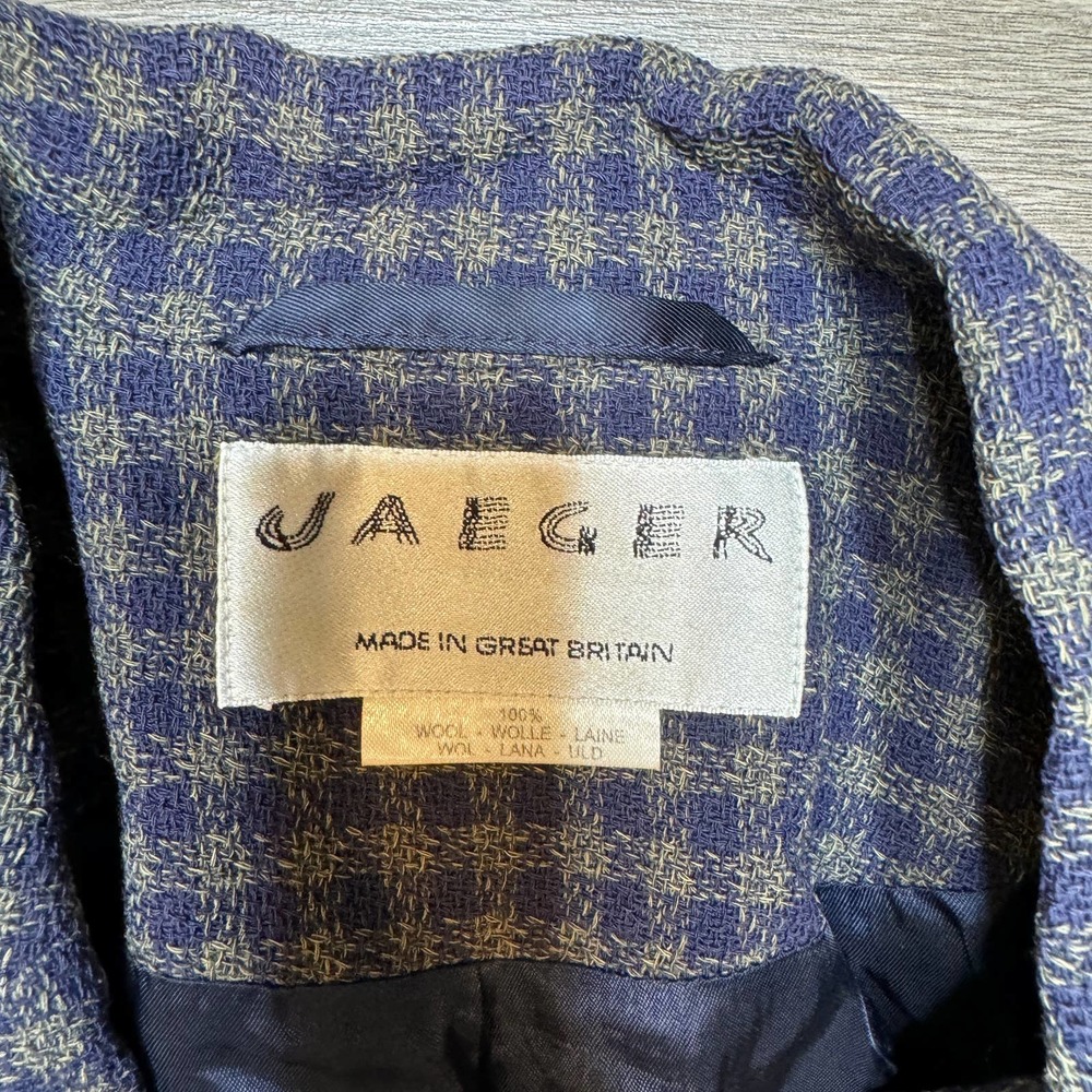 Jaeger Blue 2-Button 100% Wool Blazer Britain Jacket Coat Gingham Women's 10 - Picture 5 of 11